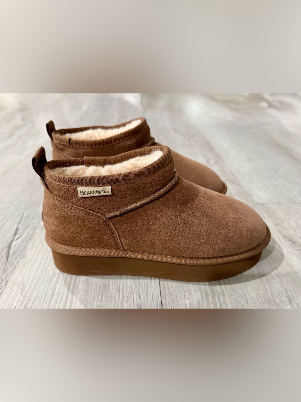 BEARPAW Women’s Brown Suede Ankle Bootie Faux Fur Lined Pull On US 8 EU 39